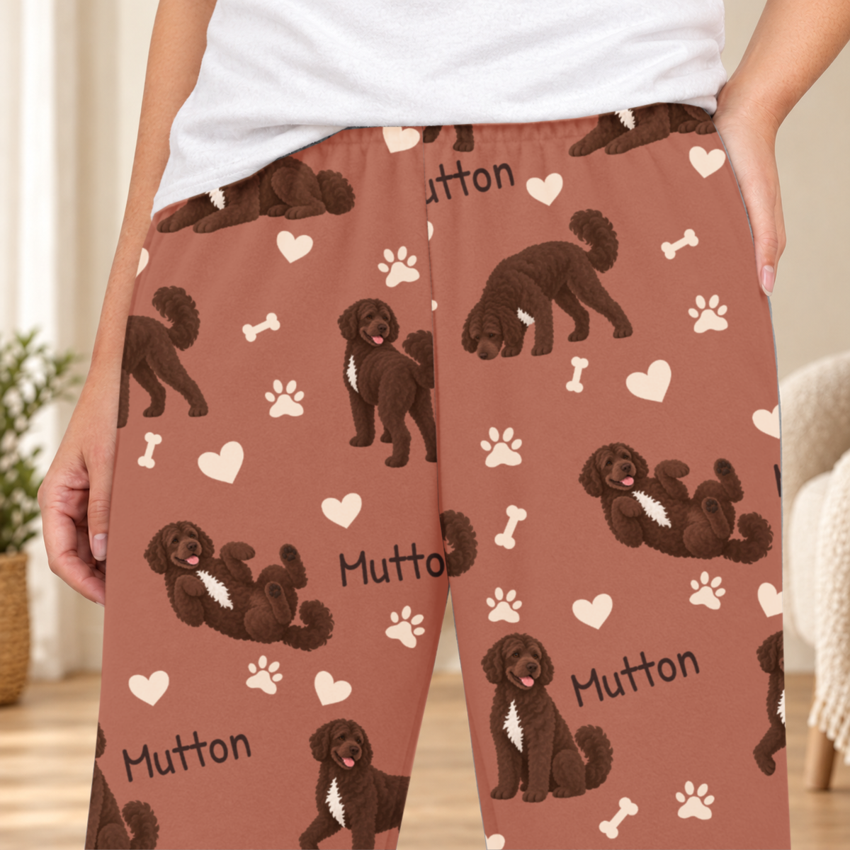 Portuguese Water Dog personalized fleece pajama close-up showing breed artwork and example pet name