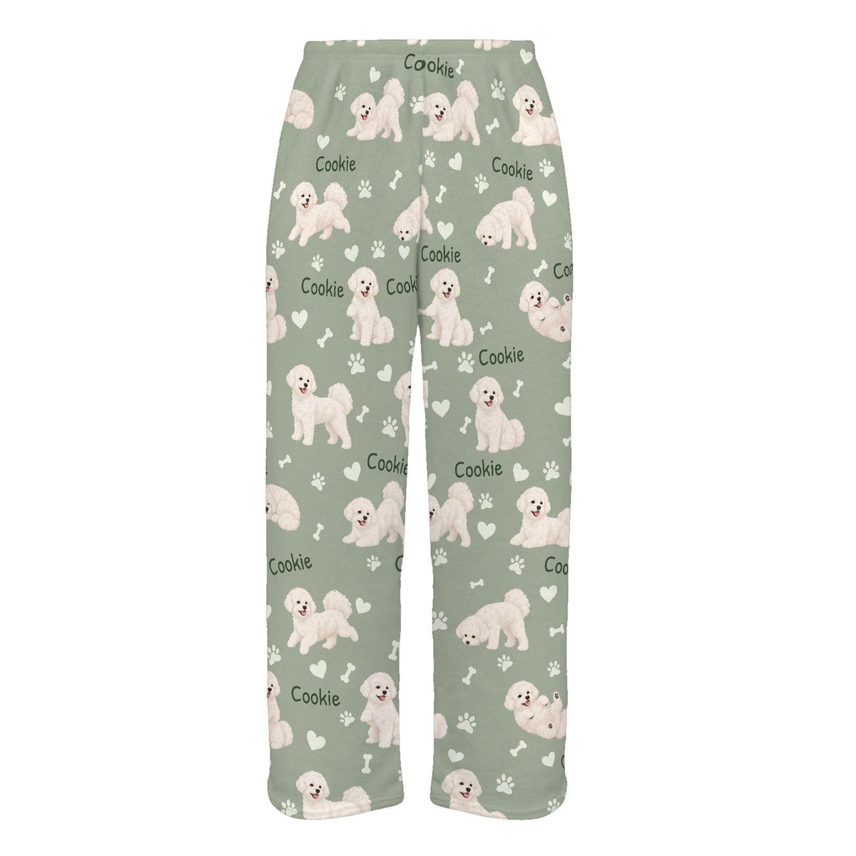 Bichon Frise personalized pet name fleece pajama trousers, flat front view.