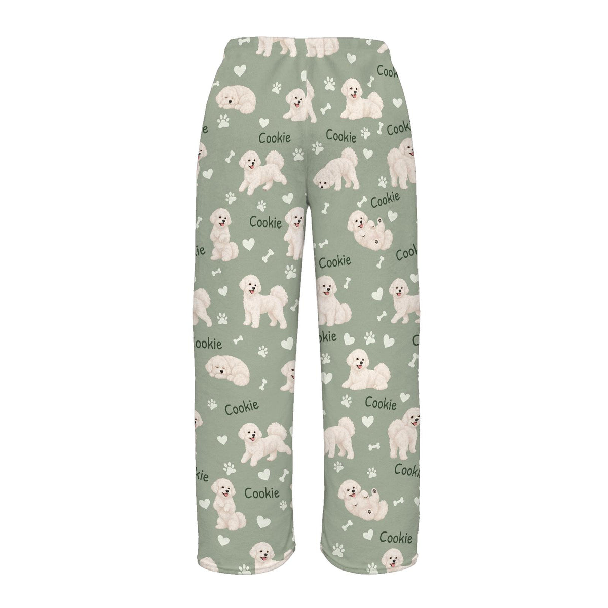 Bichon Frise personalized pet name fleece pajama trousers, flat back view.