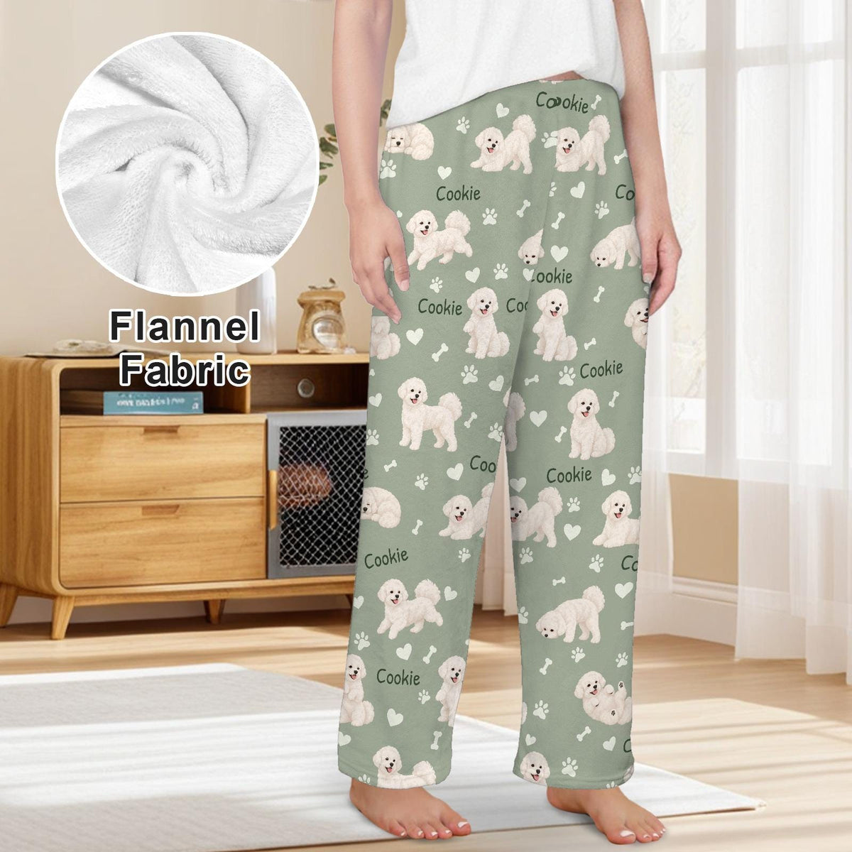 Bichon Frise personalized pet name fleece pajama trousers, front lifestyle view.