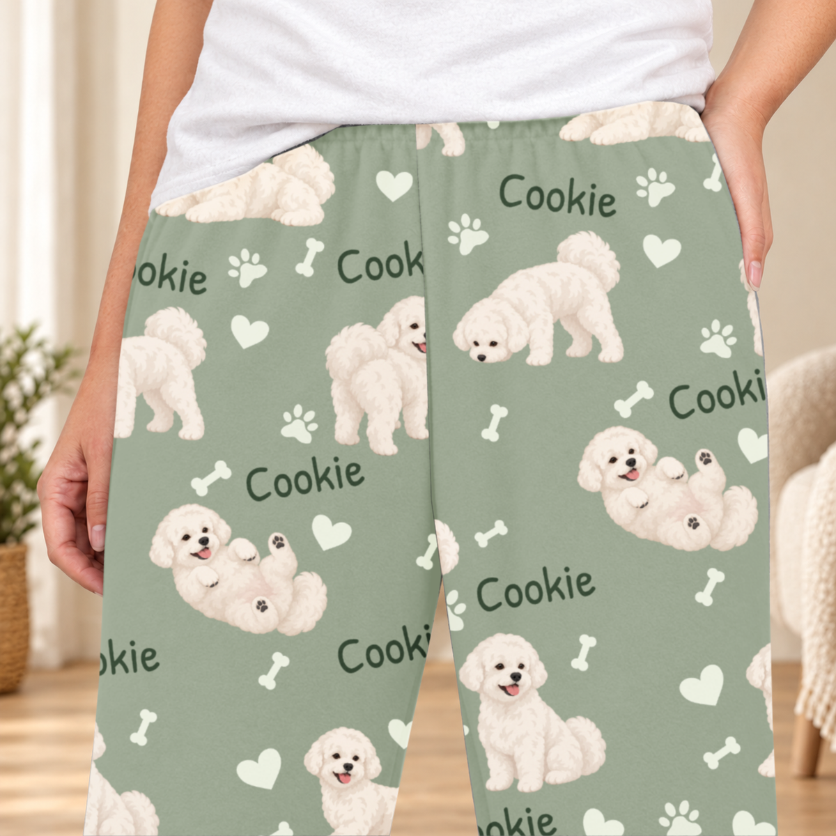 Bichon Frise personalized fleece pajama close-up showing breed artwork and example pet name