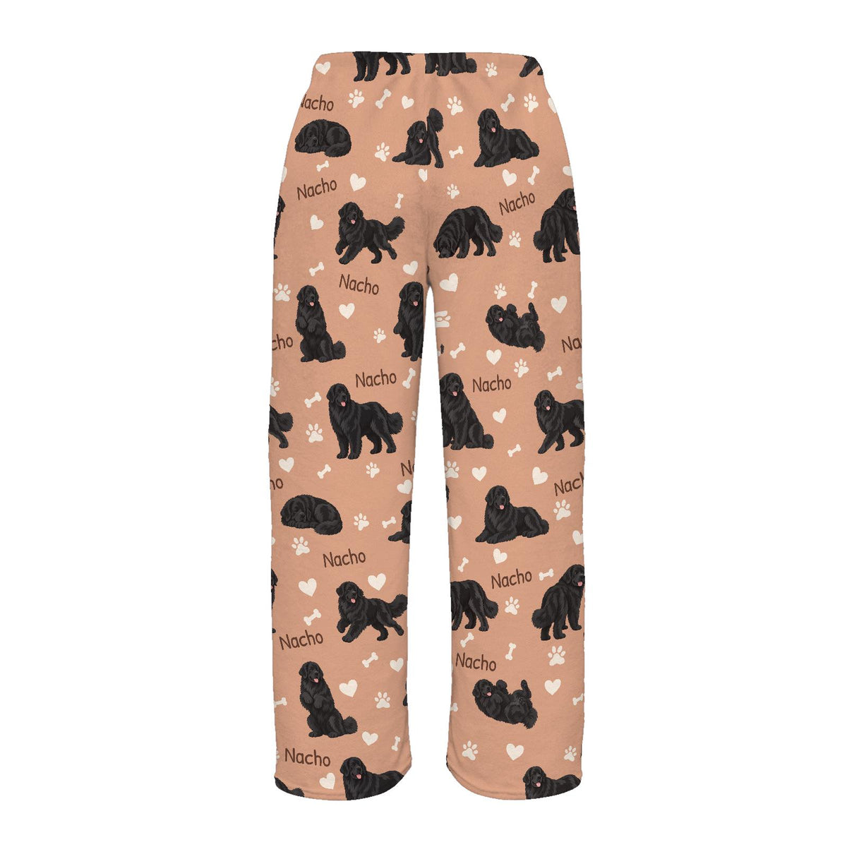 Newfoundland personalized pet name fleece pajama trousers, flat back view.