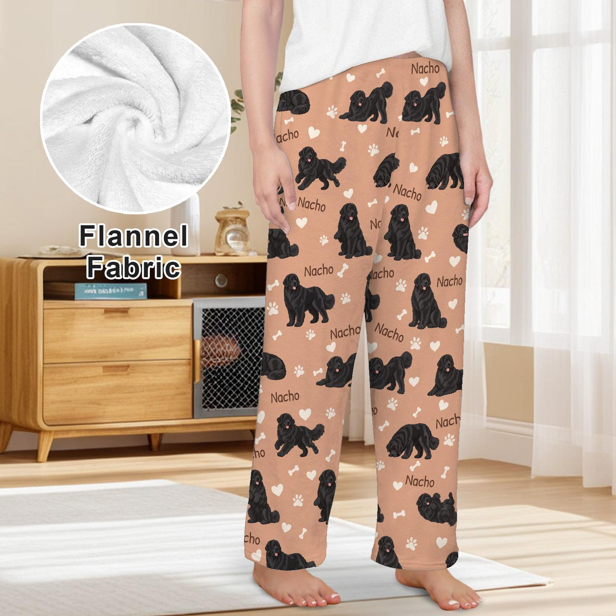 Newfoundland personalized pet name fleece pajama trousers, front lifestyle view.