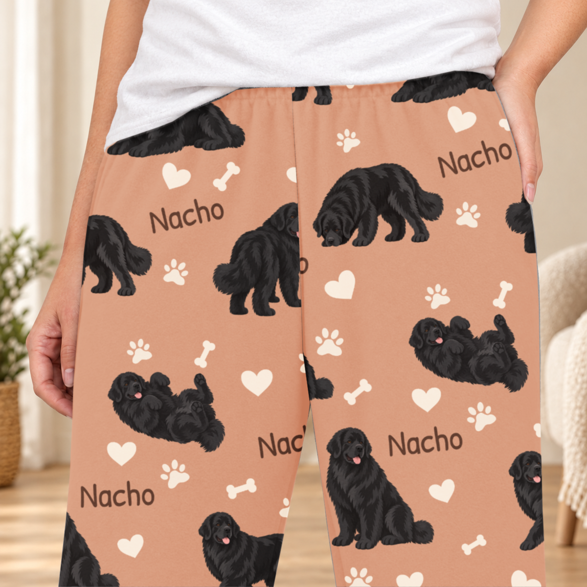 Newfoundland personalized fleece pajama close-up showing breed artwork and example pet name