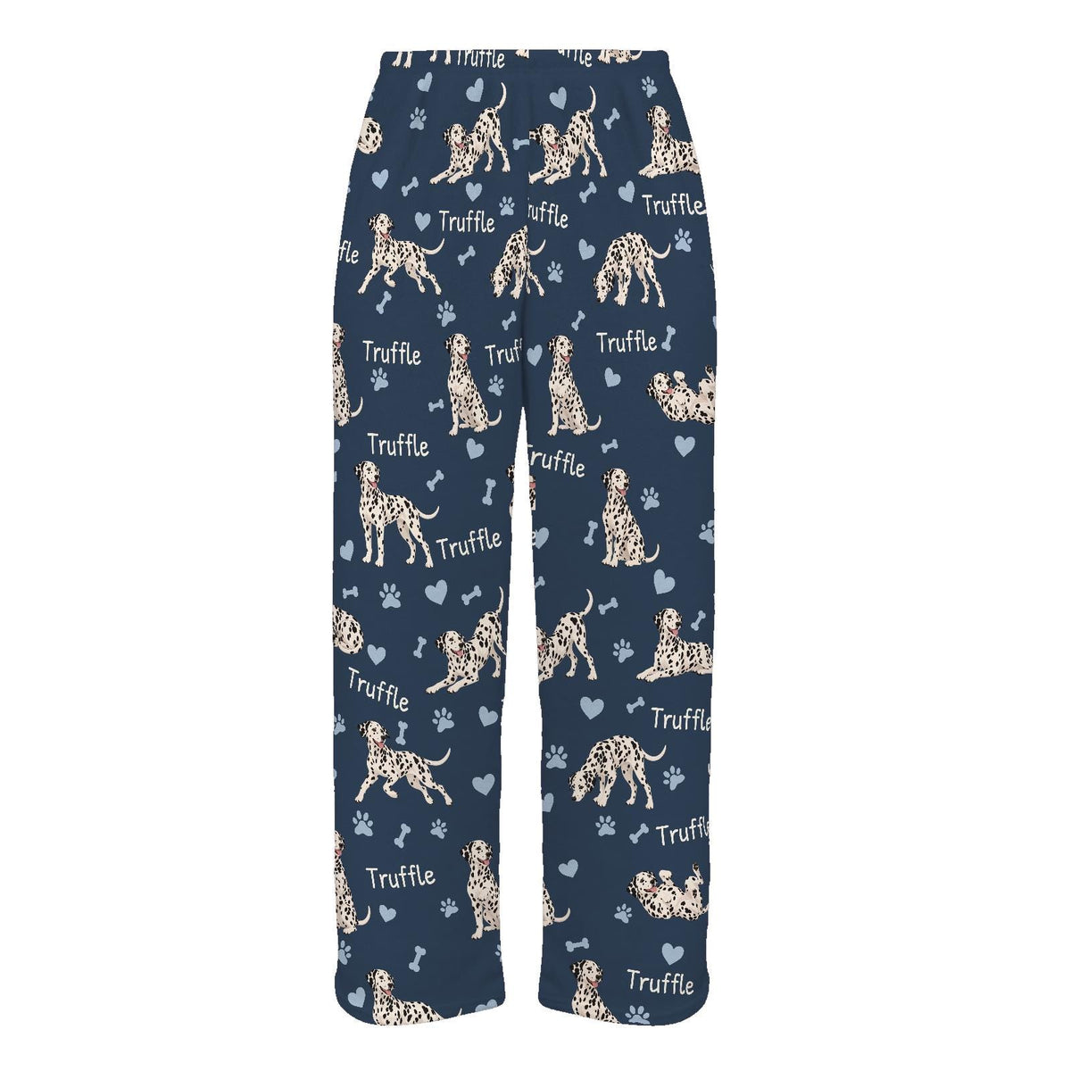 Dalmatian personalized pet name fleece pajama trousers, flat front view.