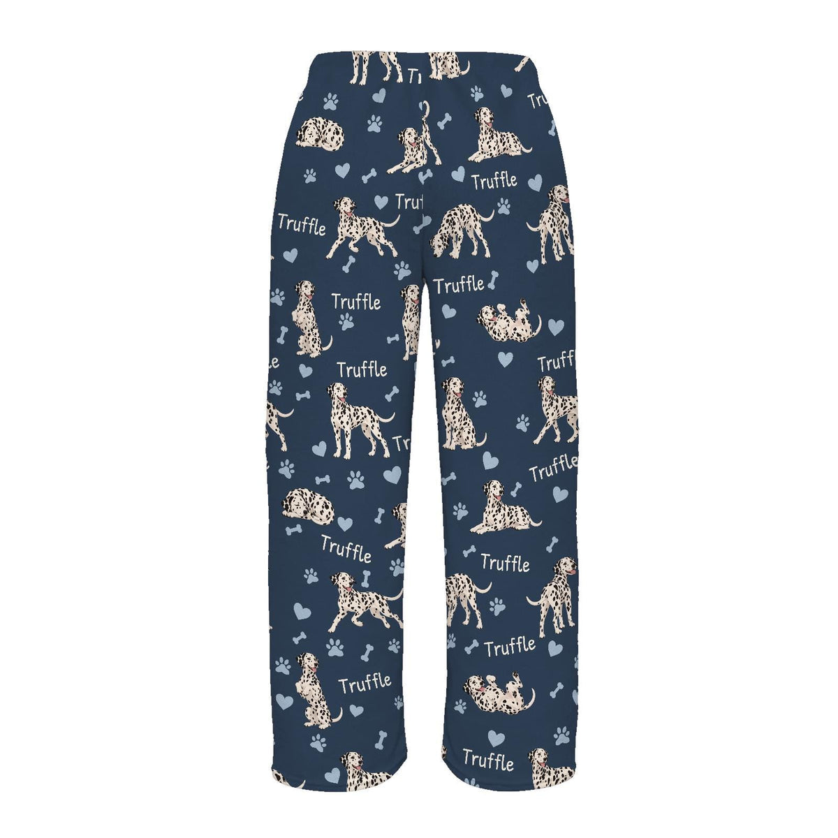 Dalmatian personalized pet name fleece pajama trousers, flat back view.