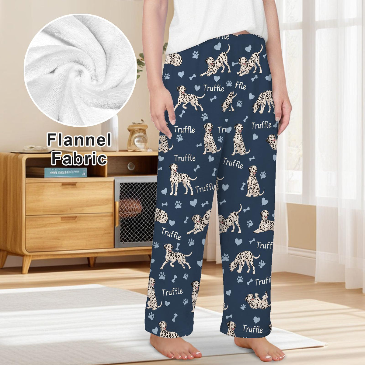 Dalmatian personalized pet name fleece pajama trousers, front lifestyle view.