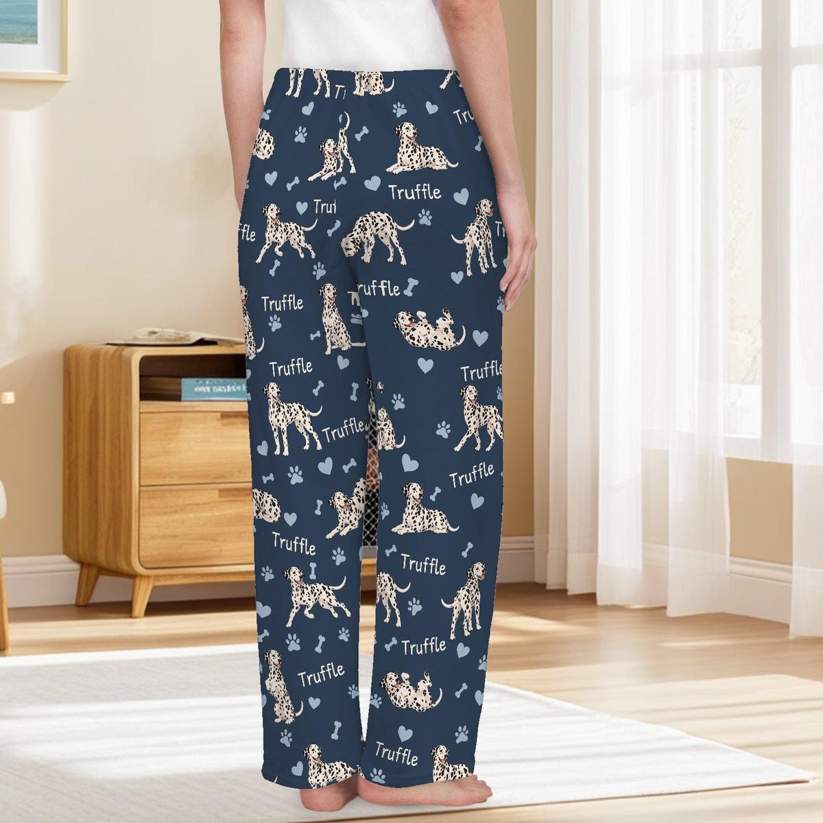 Dalmatian personalized pet name fleece pajama trousers, back lifestyle view.