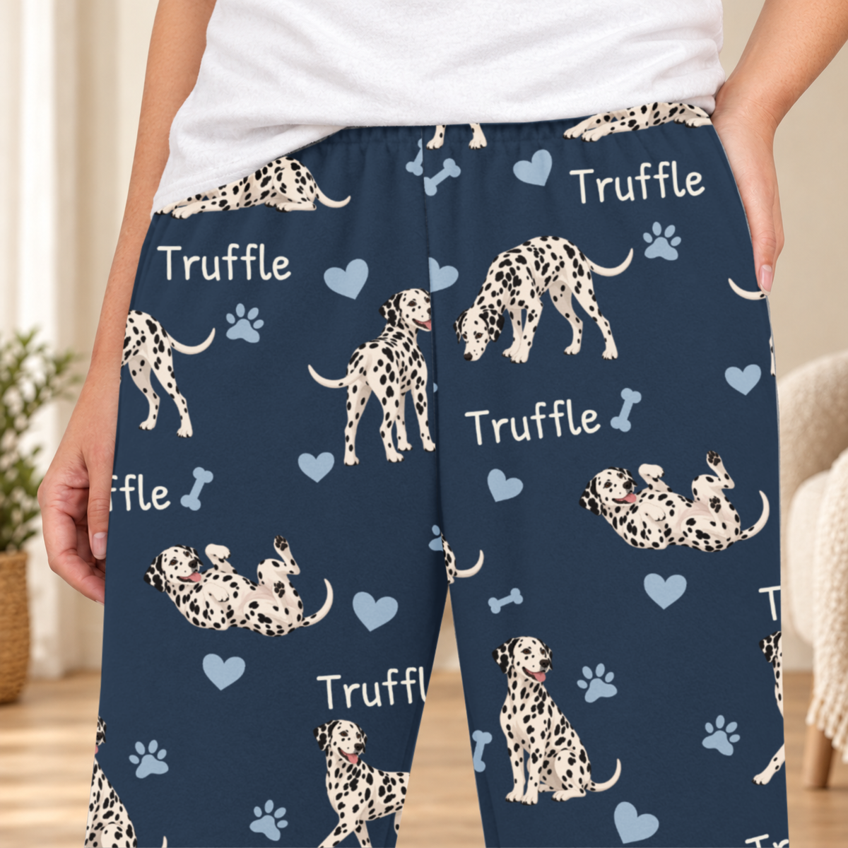 Dalmatian personalized fleece pajama close-up showing breed artwork and example pet name