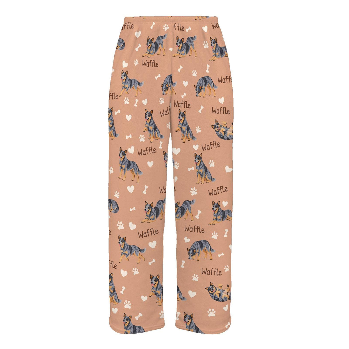 Australian Cattle Dog personalized pet name fleece pajama trousers, flat front view.