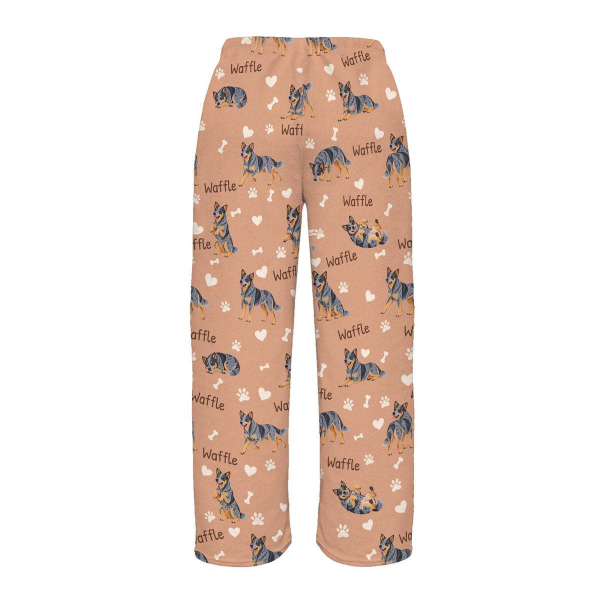 Australian Cattle Dog personalized pet name fleece pajama trousers, flat back view.