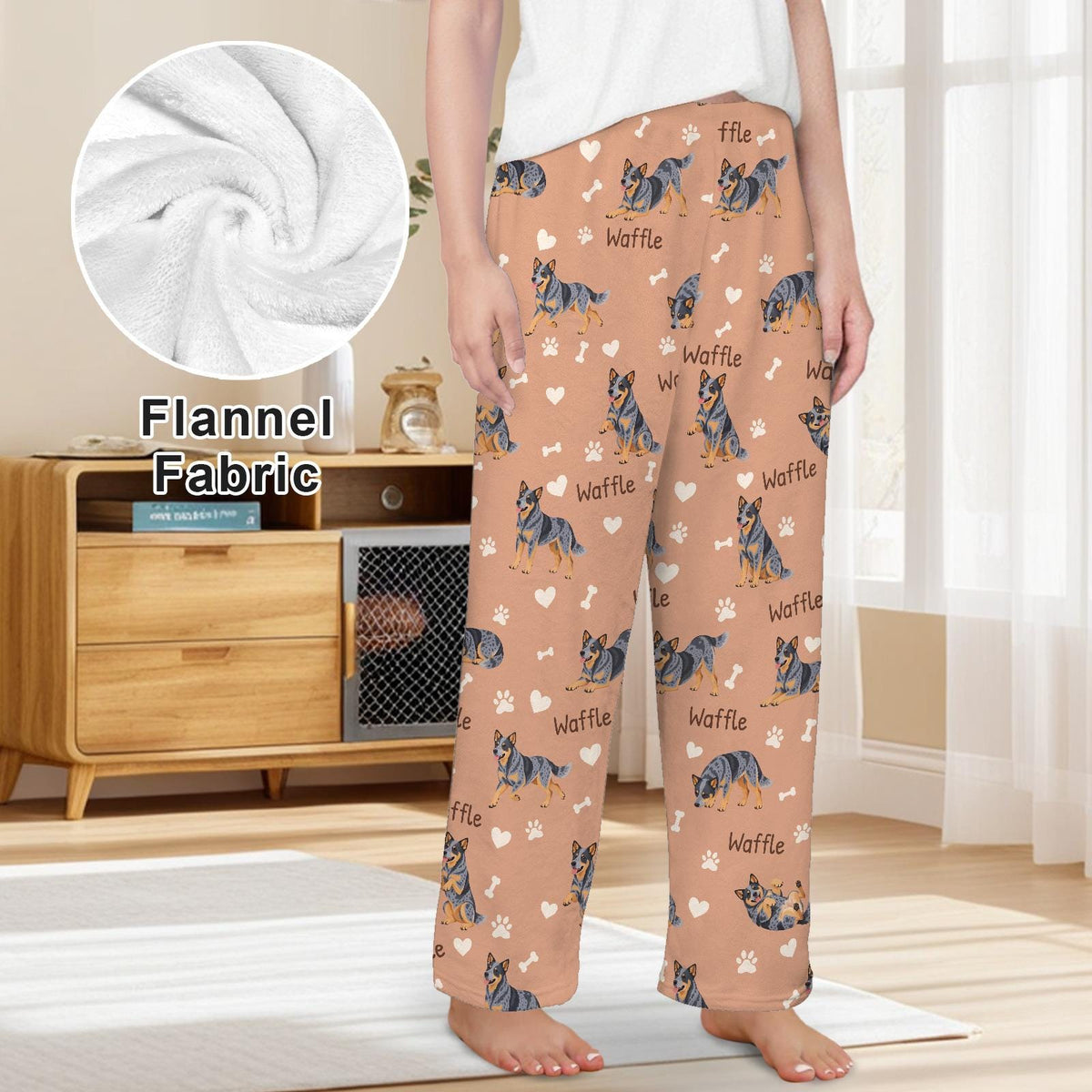 Australian Cattle Dog personalized pet name fleece pajama trousers, front lifestyle view.