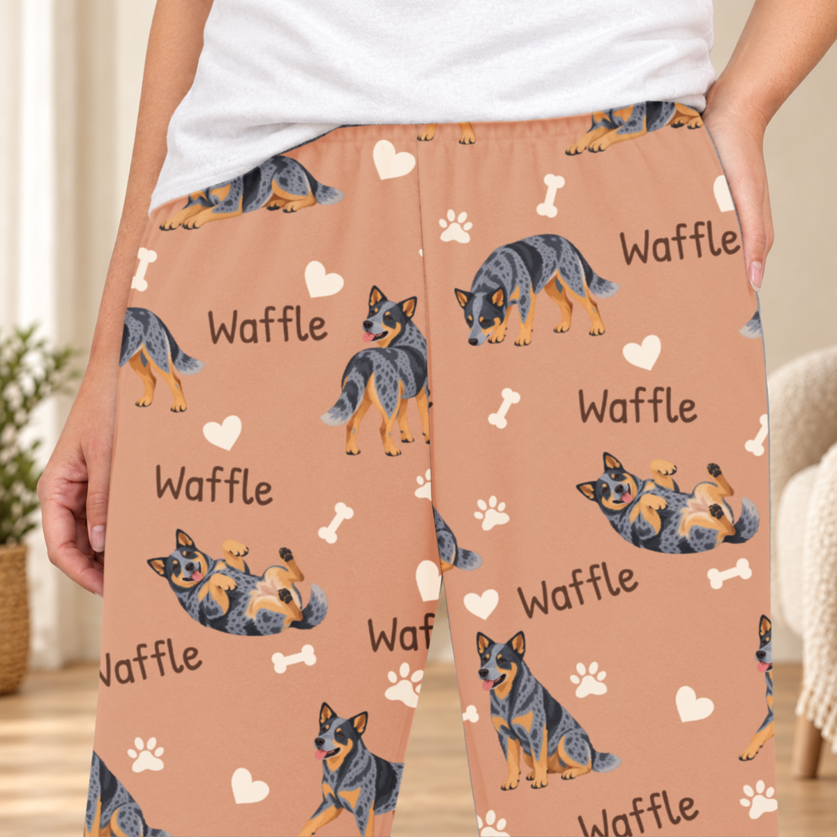 Australian Cattle Dog personalized fleece pajama close-up showing breed artwork and example pet name