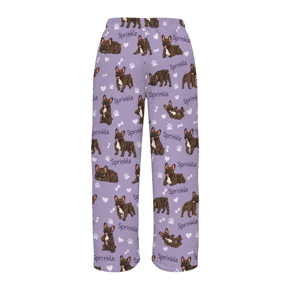 French Bulldog Brindle personalized pet name fleece pajama trousers, flat back view.