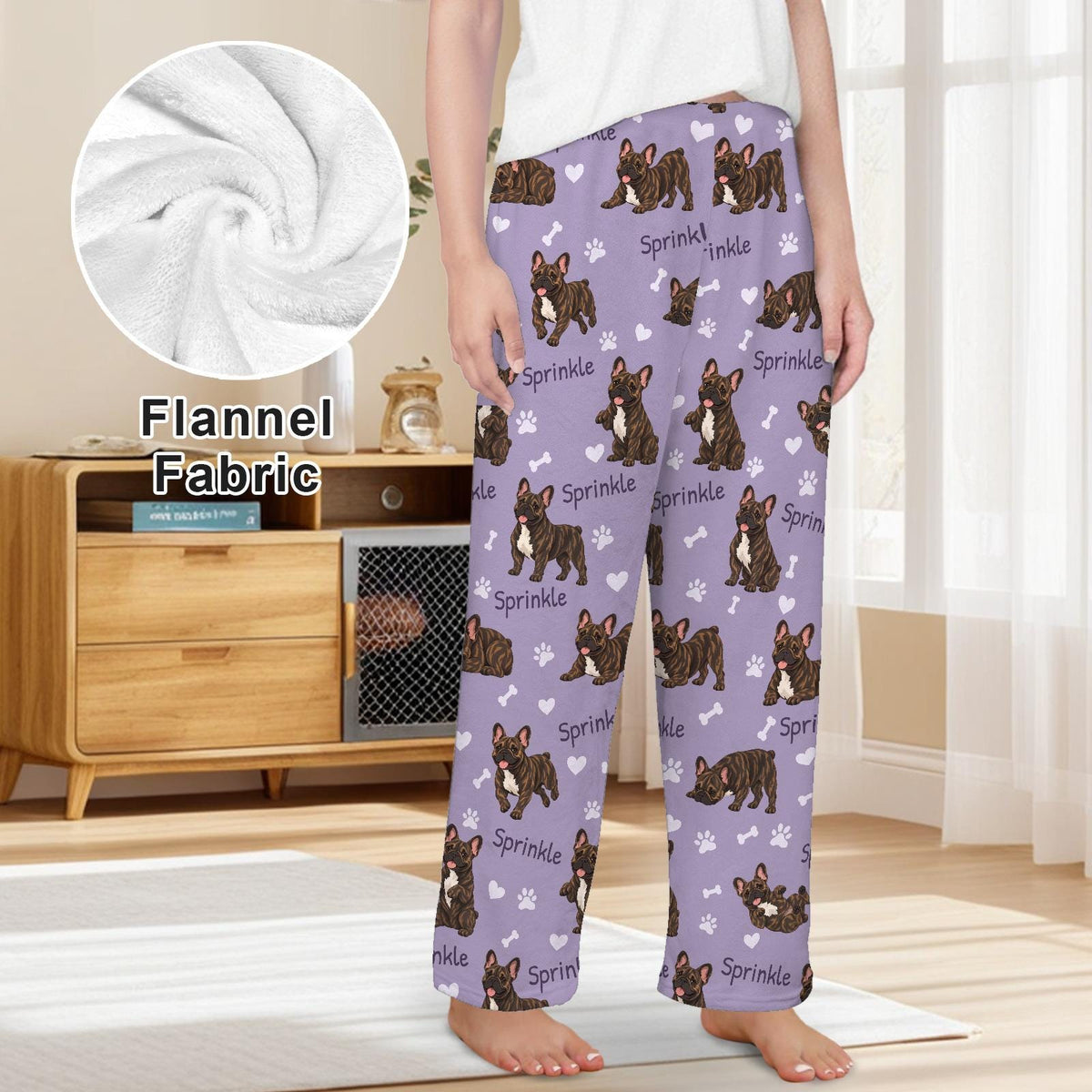 French Bulldog Brindle personalized pet name fleece pajama trousers, front lifestyle view.