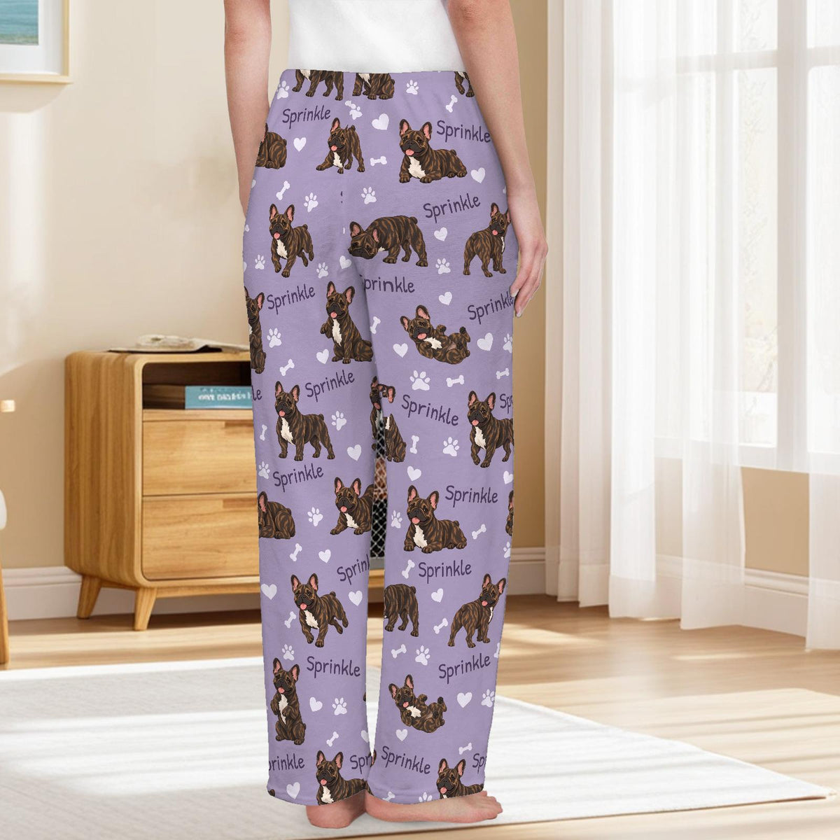 French Bulldog Brindle personalized pet name fleece pajama trousers, back lifestyle view.