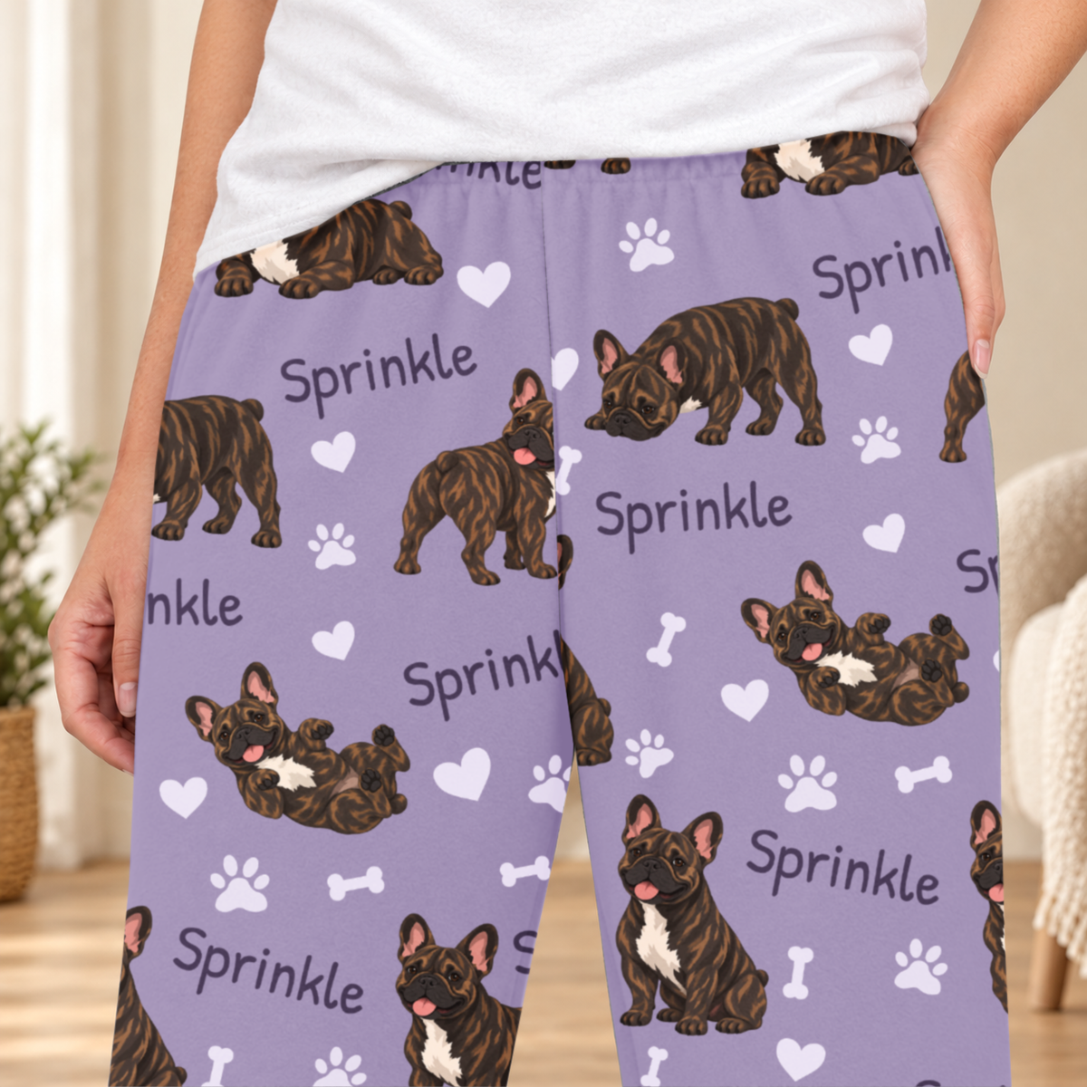 French Bulldog Brindle personalized fleece pajama close-up showing breed artwork and example pet name