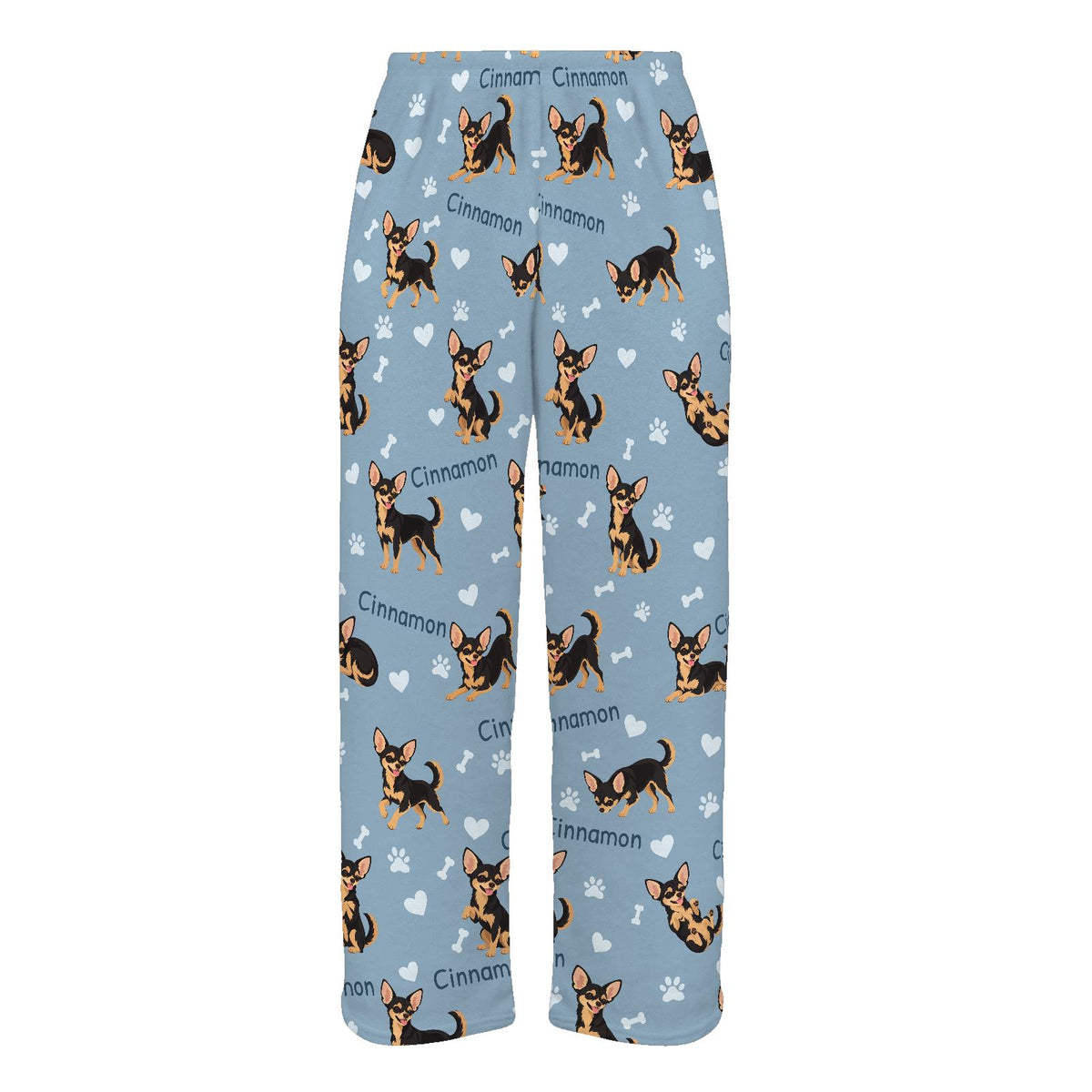 Chihuahua Black and Tan personalized pet name fleece pajama trousers, flat front view.