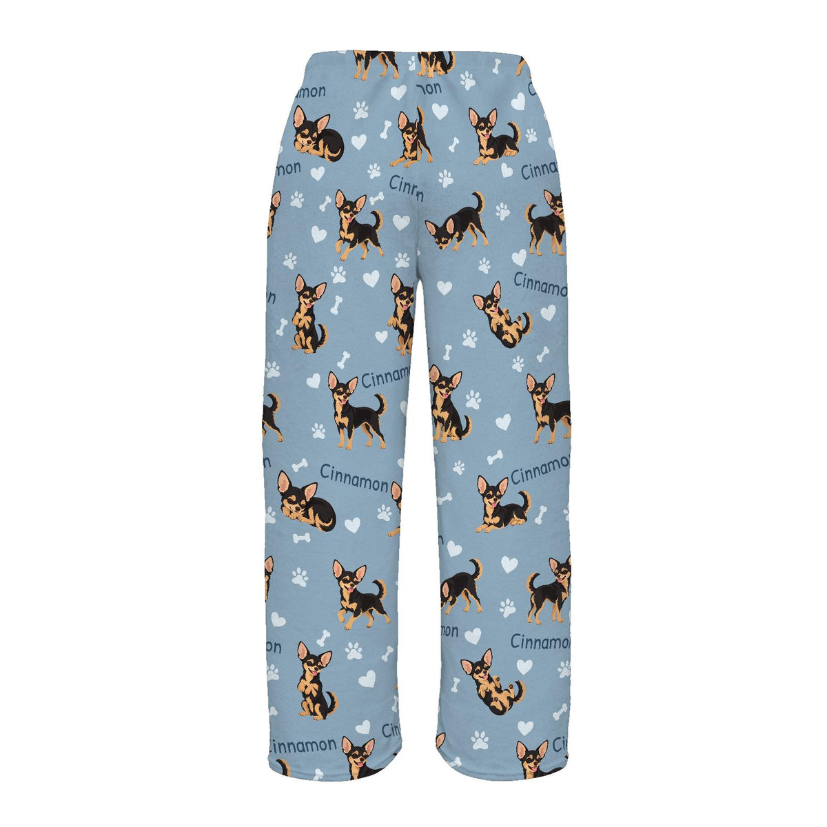 Chihuahua Black and Tan personalized pet name fleece pajama trousers, flat back view.
