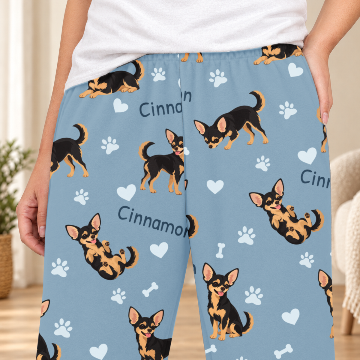 Chihuahua Black and Tan personalized fleece pajama close-up showing breed artwork and example pet name