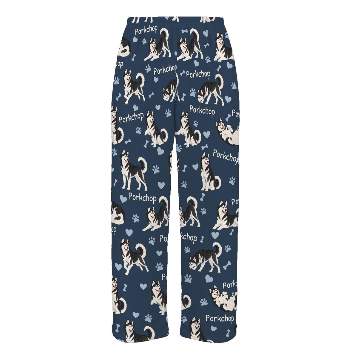 Siberian Husky Black and White personalized pet name fleece pajama trousers, flat front view.