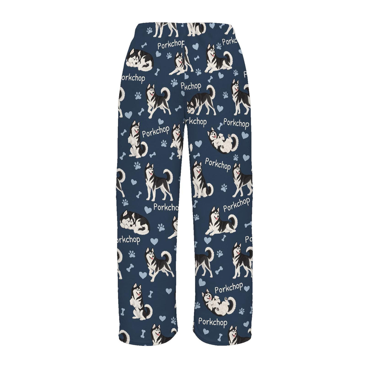 Siberian Husky Black and White personalized pet name fleece pajama trousers, flat back view.