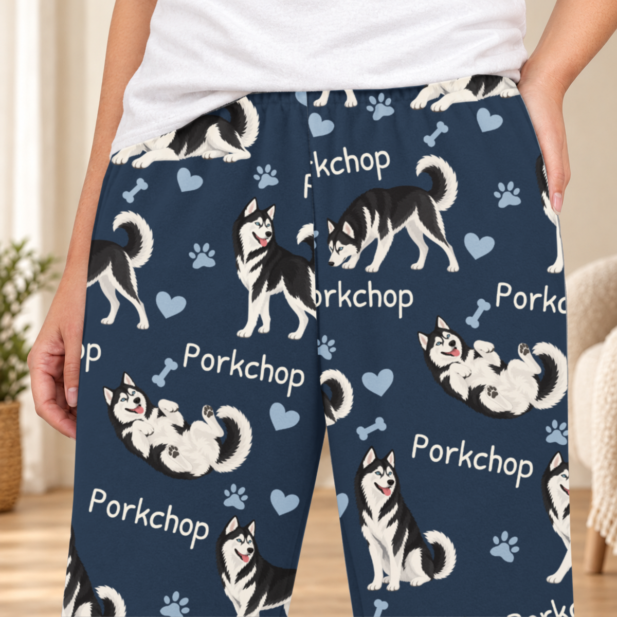 Siberian Husky Black and White personalized fleece pajama close-up showing breed artwork and example pet name