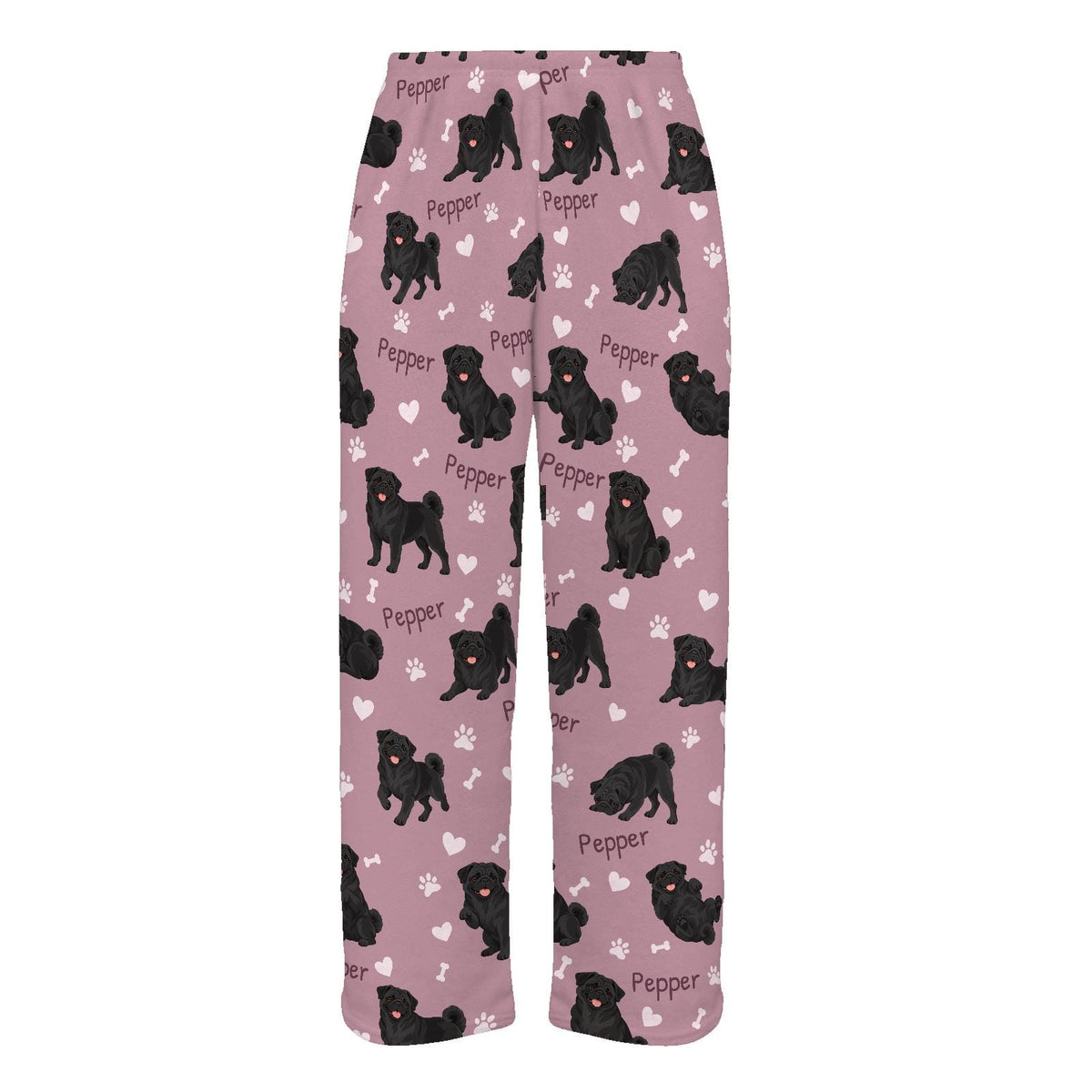 Pug Black personalized pet name fleece pajama trousers, flat front view.