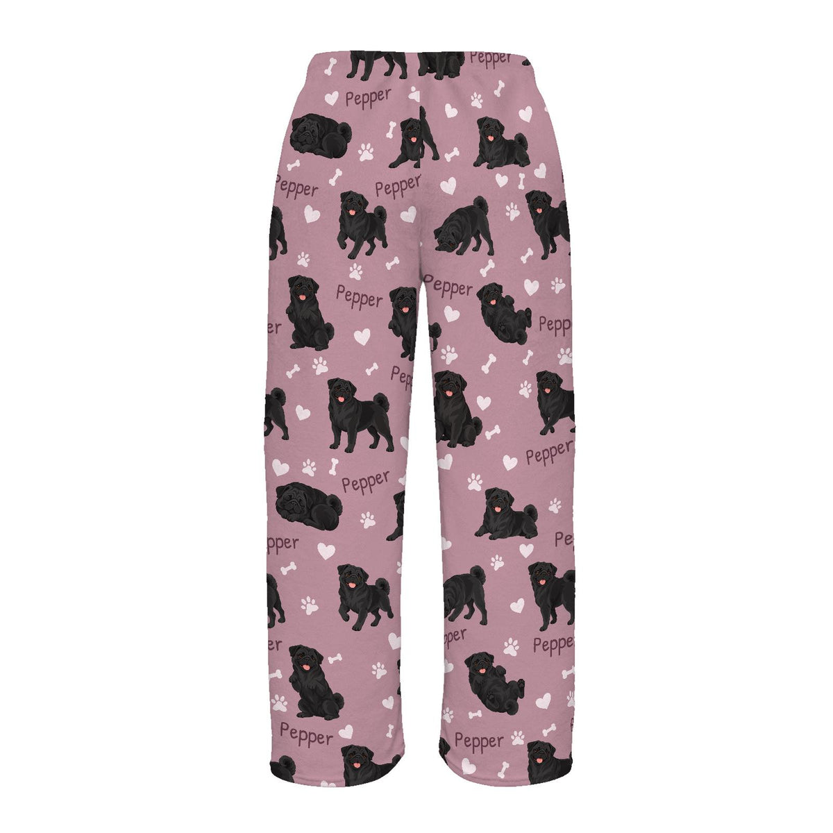 Pug Black personalized pet name fleece pajama trousers, flat back view.