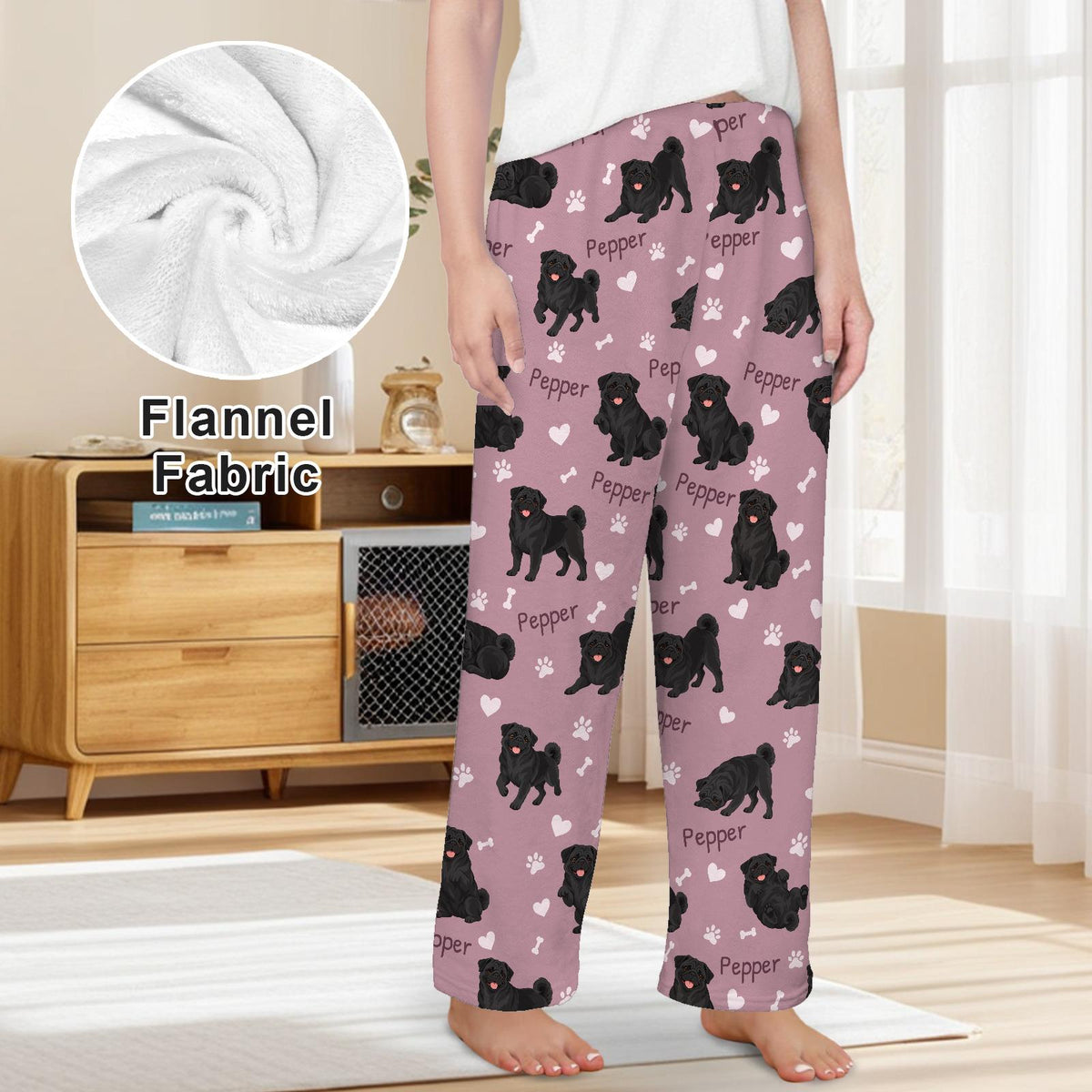Pug Black personalized pet name fleece pajama trousers, front lifestyle view.