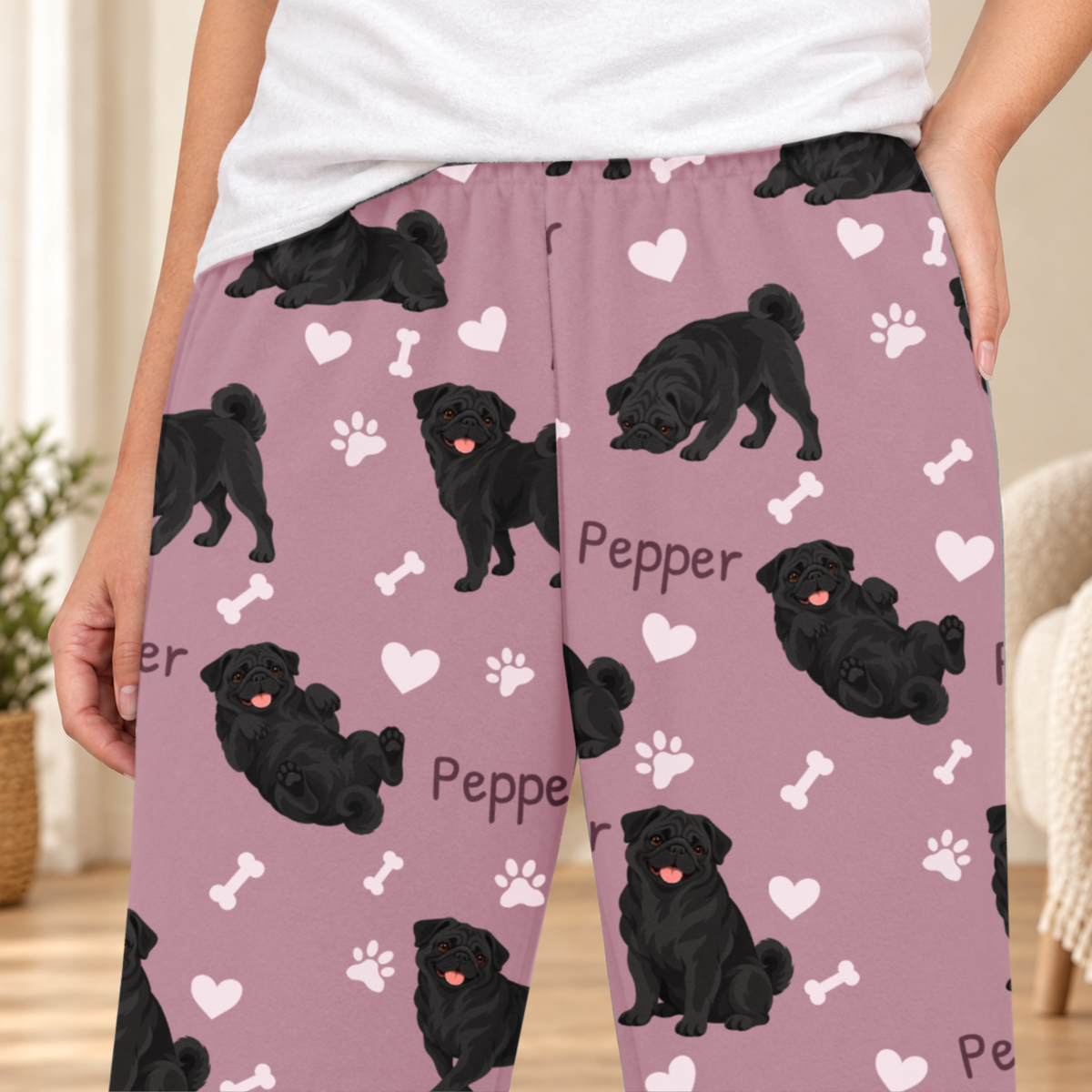 Pug Black personalized fleece pajama close-up showing breed artwork and example pet name