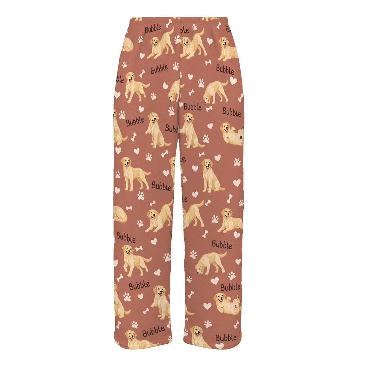 Labrador Retriever Yellow personalized pet name fleece pajama trousers, flat front view.