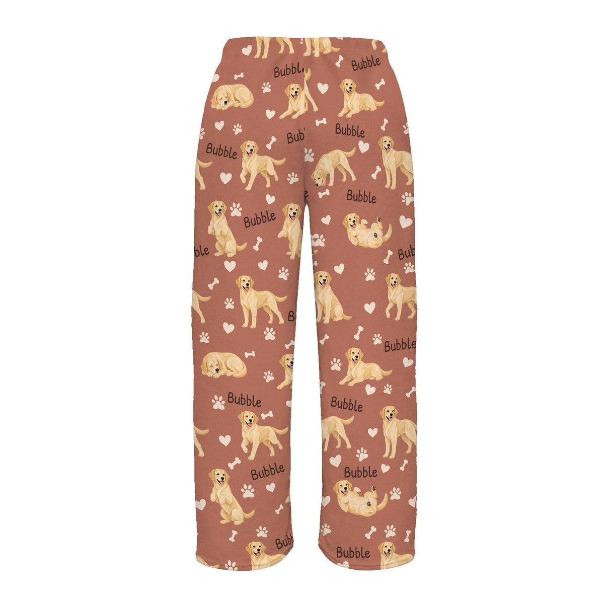 Labrador Retriever Yellow personalized pet name fleece pajama trousers, flat back view.