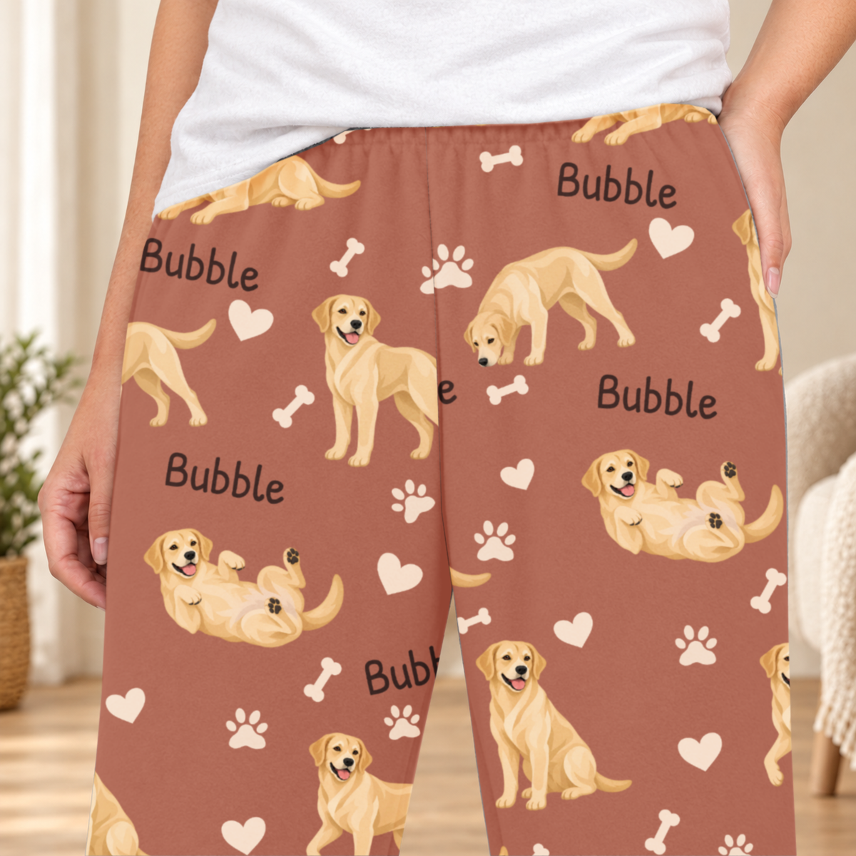 Labrador Retriever Yellow personalized fleece pajama close-up showing breed artwork and example pet name