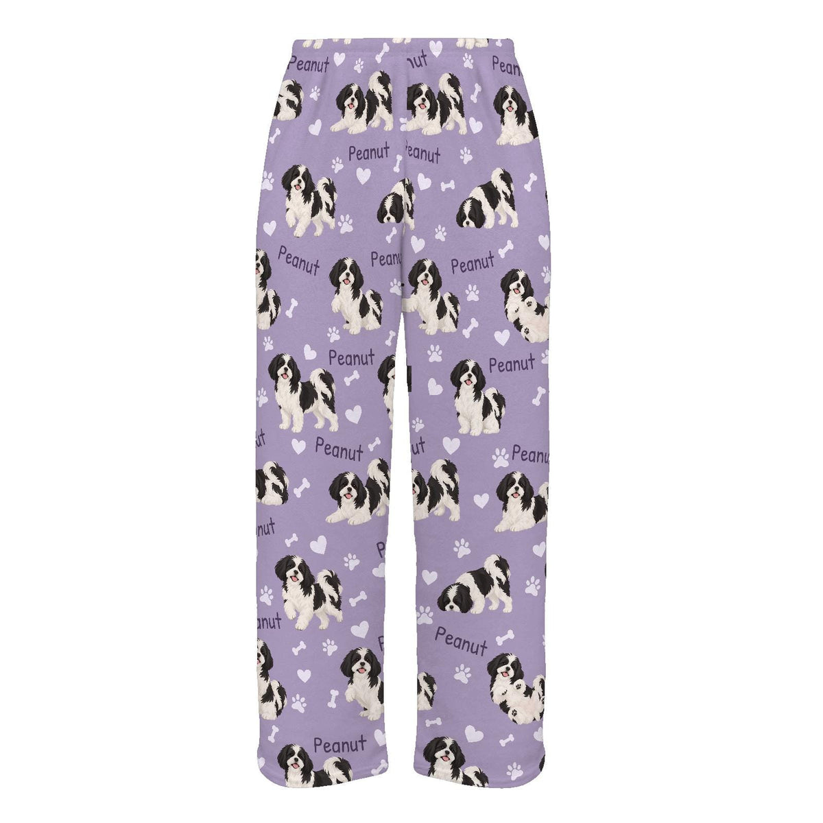 Shih Tzu Black and White personalized pet name fleece pajama trousers, flat front view.
