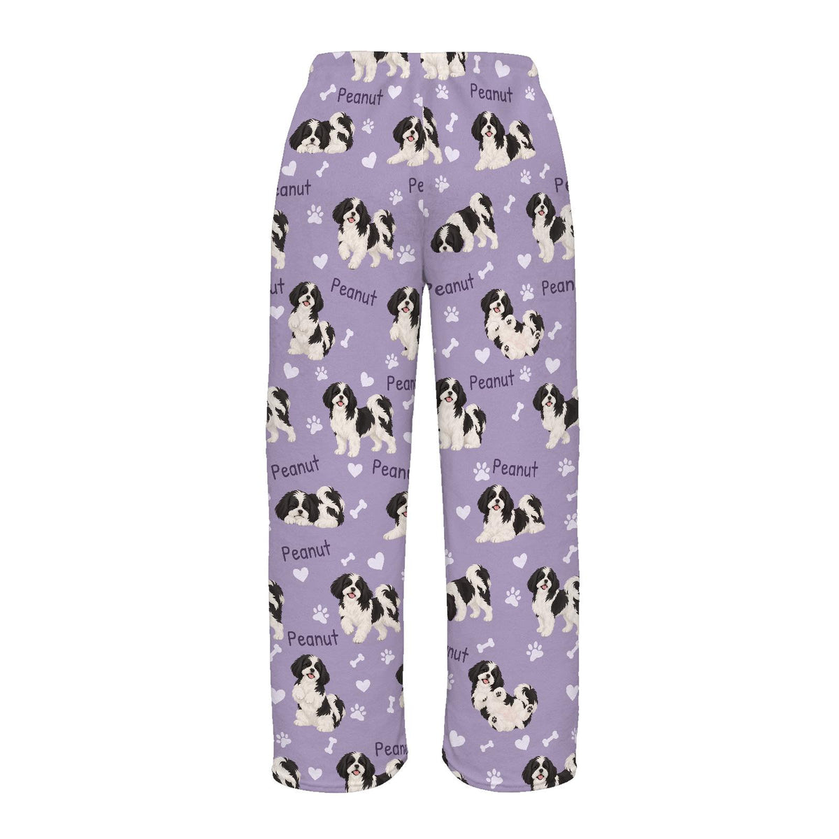 Shih Tzu Black and White personalized pet name fleece pajama trousers, flat back view.