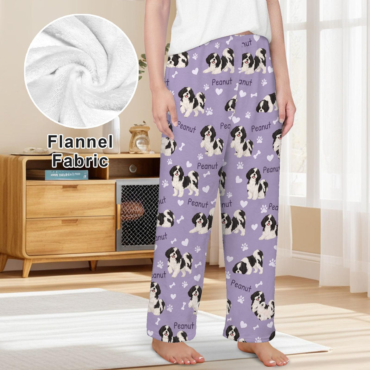 Shih Tzu Black and White personalized pet name fleece pajama trousers, front lifestyle view.