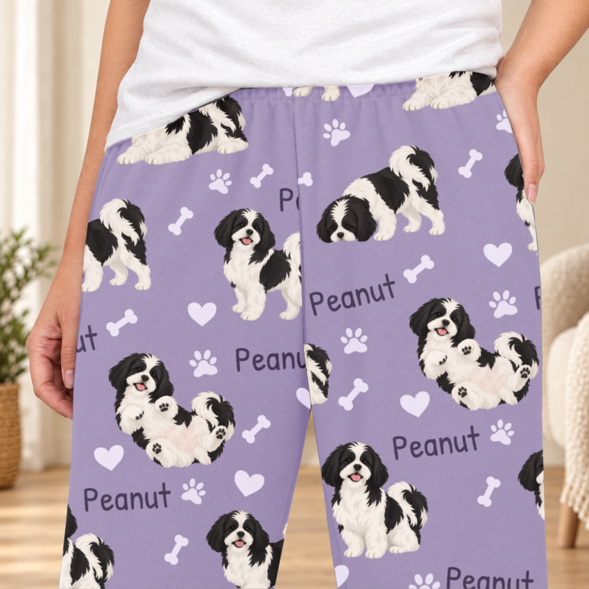 Shih Tzu Black and White personalized fleece pajama close-up showing breed artwork and example pet name