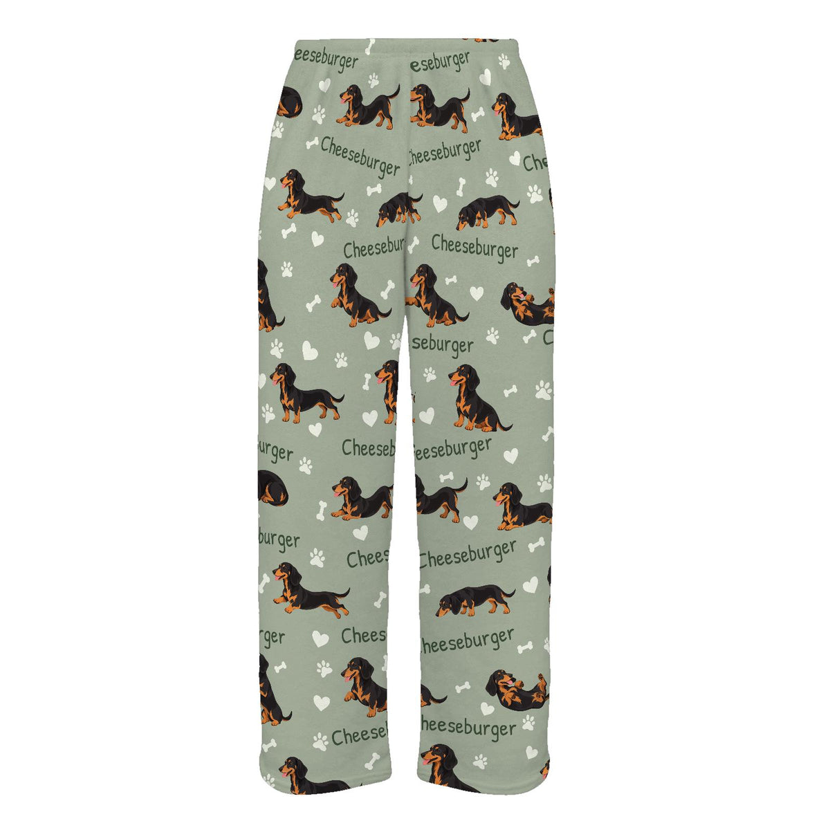 Dachshund Black and Tan personalized pet name fleece pajama trousers, flat front view.