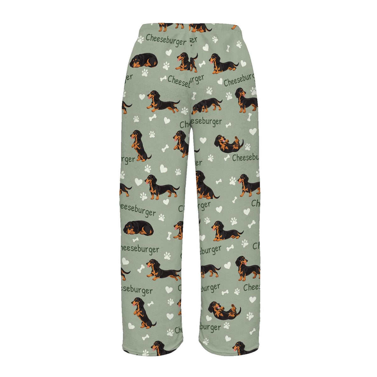 Dachshund Black and Tan personalized pet name fleece pajama trousers, flat back view.