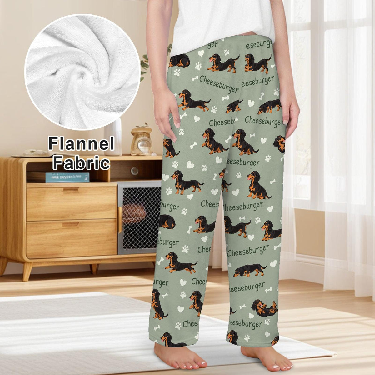 Dachshund Black and Tan personalized pet name fleece pajama trousers, front lifestyle view.