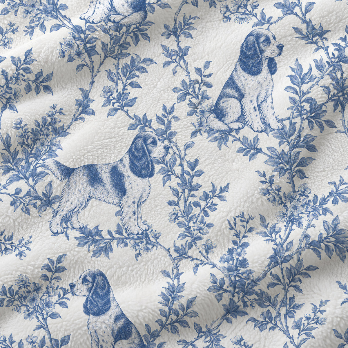 English Cocker Spaniel toile de Jouy blanket - Blue Blanket Fabric Closeup