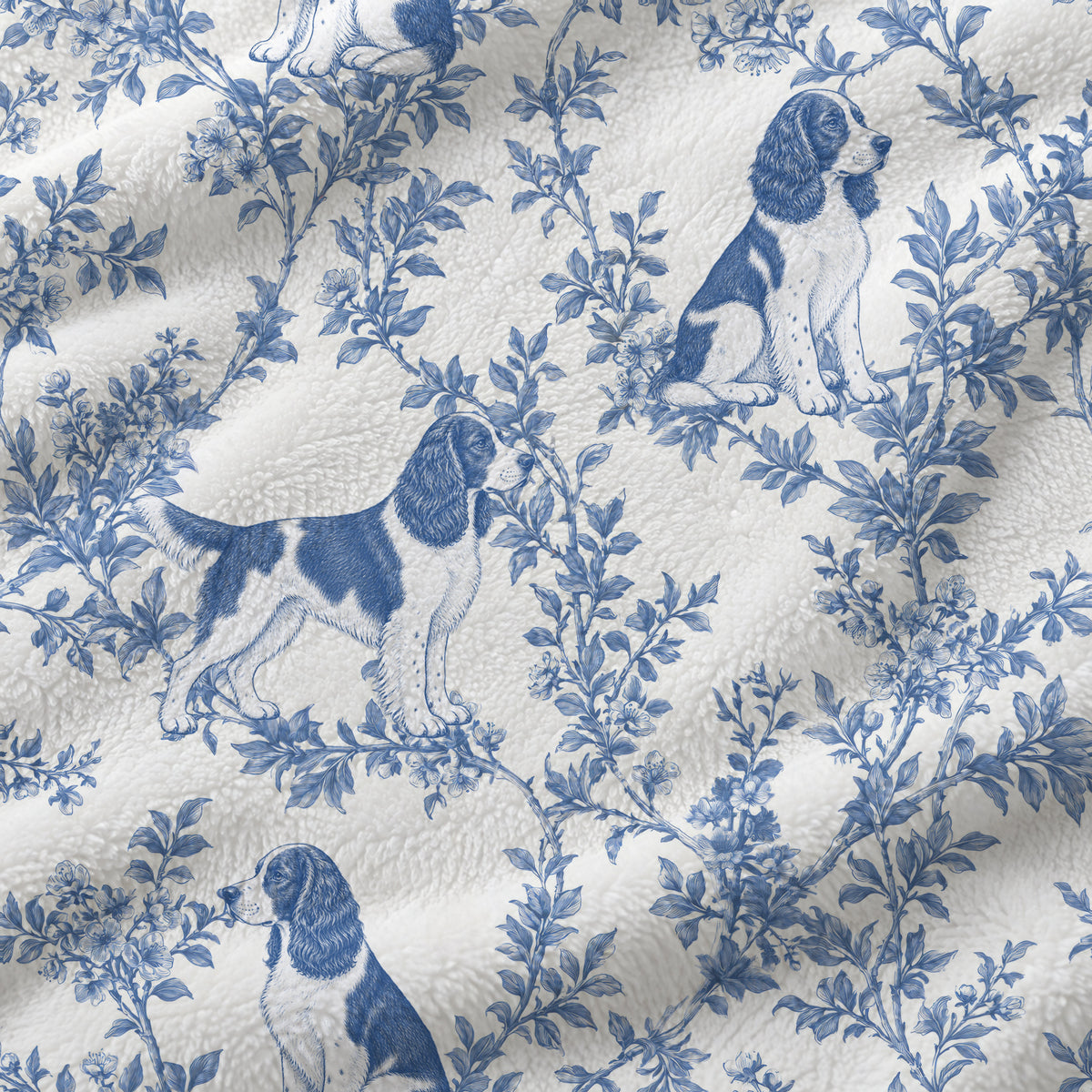 English Springer Spaniel toile de Jouy blanket - Blue Blanket Fabric Closeup