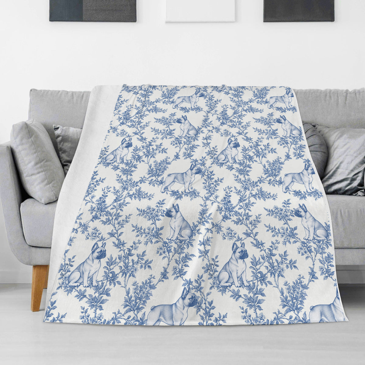 French Bulldog toile de Jouy blanket - Blue Blanket Sofa