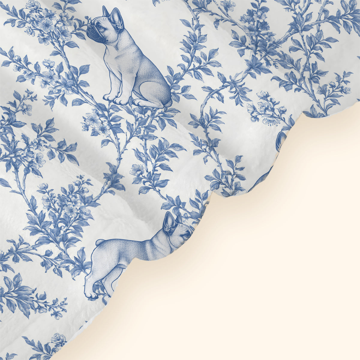 French Bulldog toile de Jouy blanket - Blue Blanket Hem Closeup