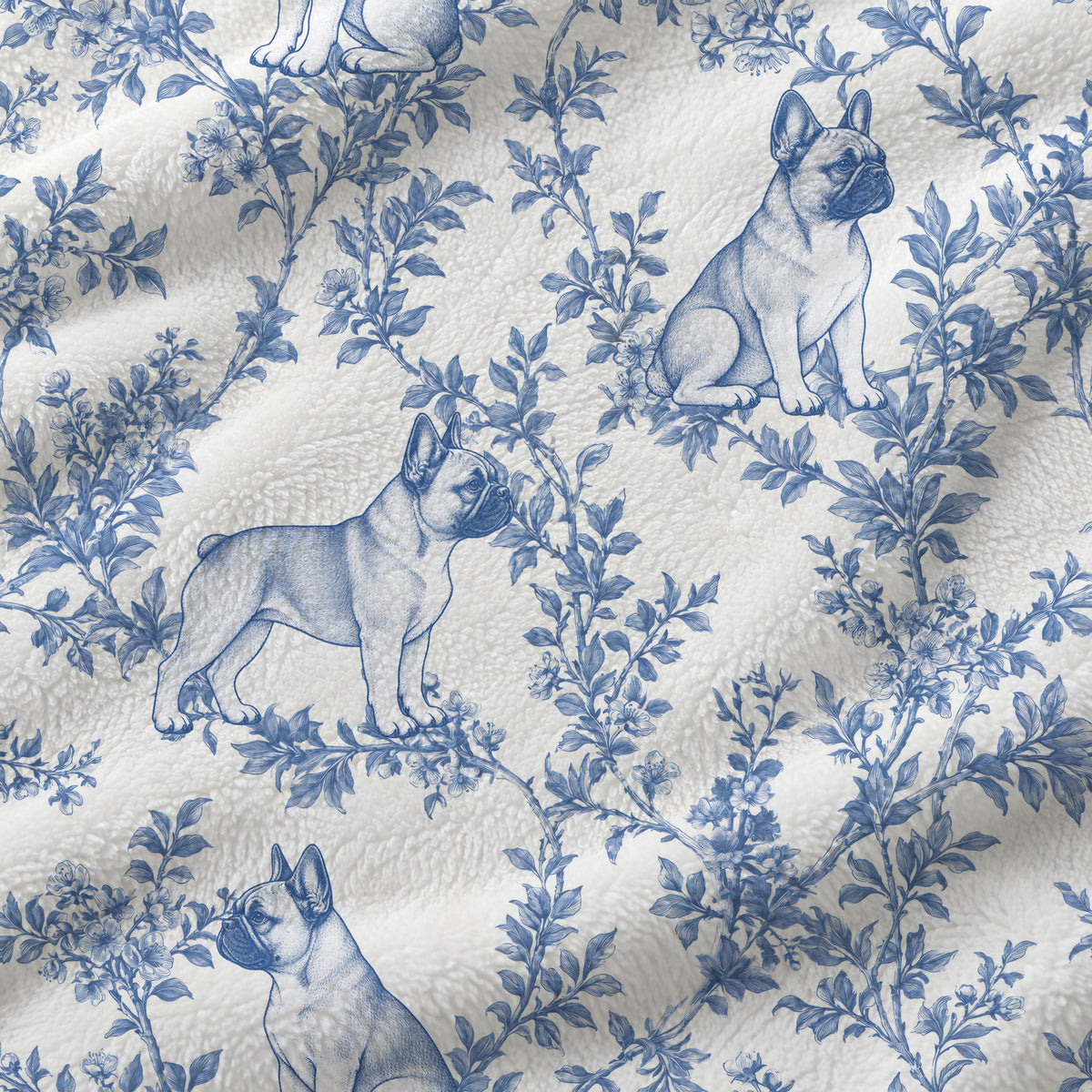 French Bulldog toile de Jouy blanket - Blue Blanket Fabric Closeup
