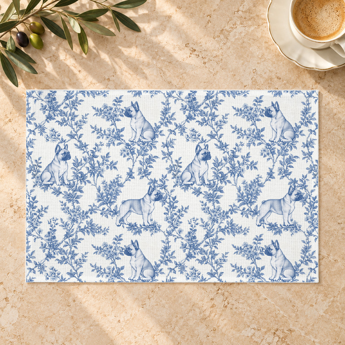 French Bulldog blue toile placemat — Limestone Hero, smaller pattern