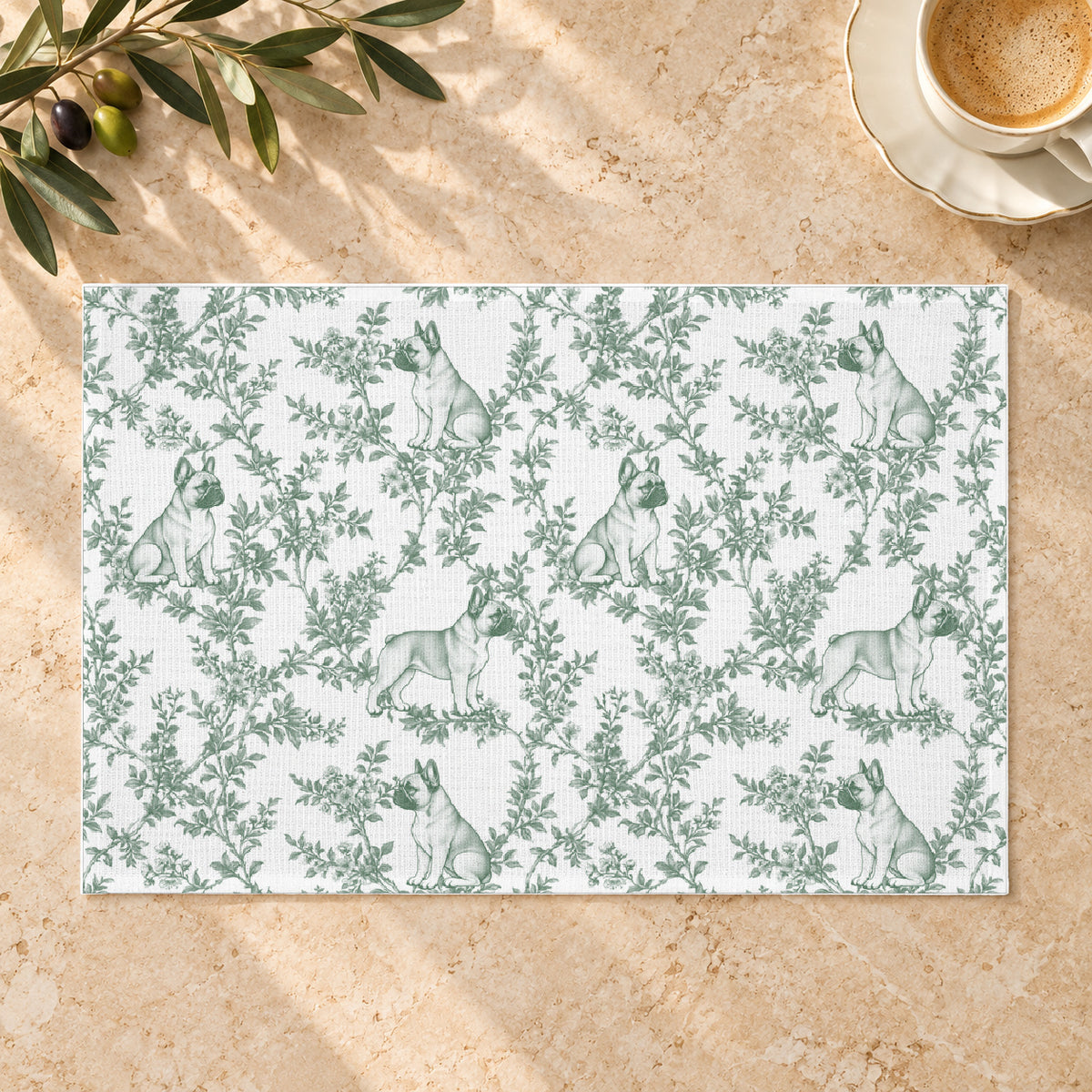 French Bulldog green toile placemat — Limestone Hero, smaller pattern