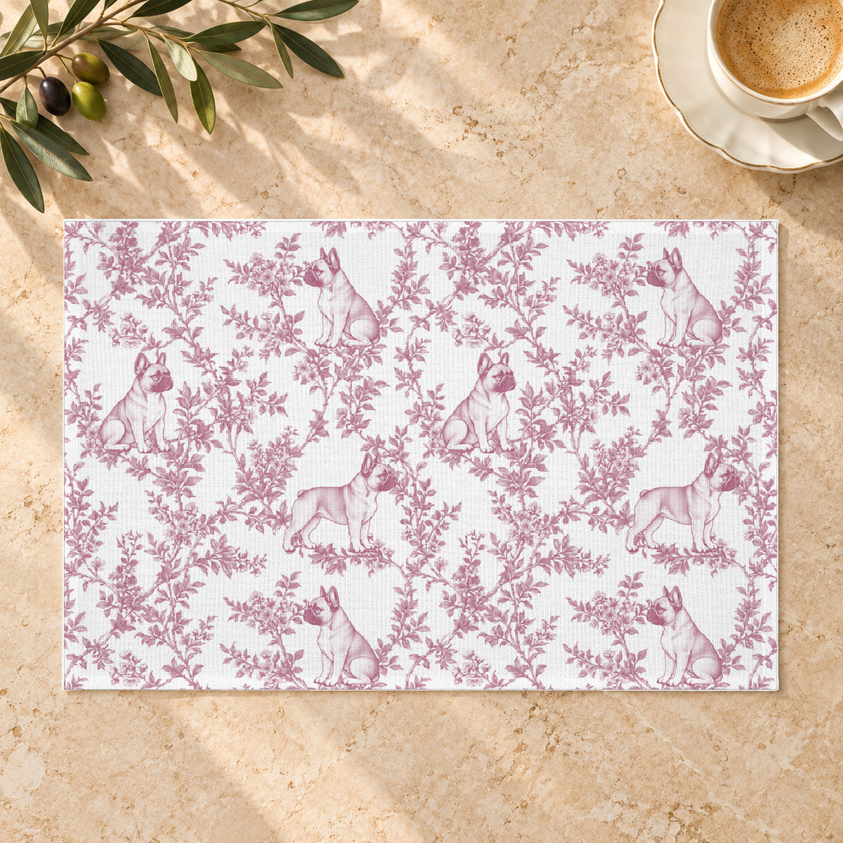 French Bulldog pink toile placemat — Limestone Hero, smaller pattern