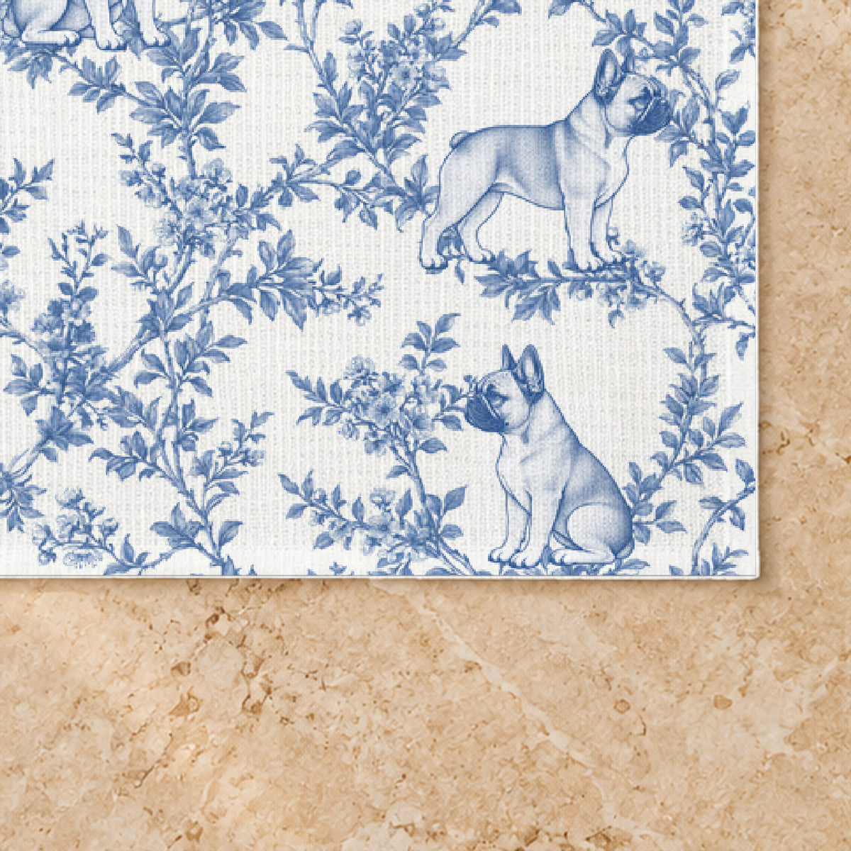 French Bulldog blue toile placemat — Fabric Detail, smaller pattern